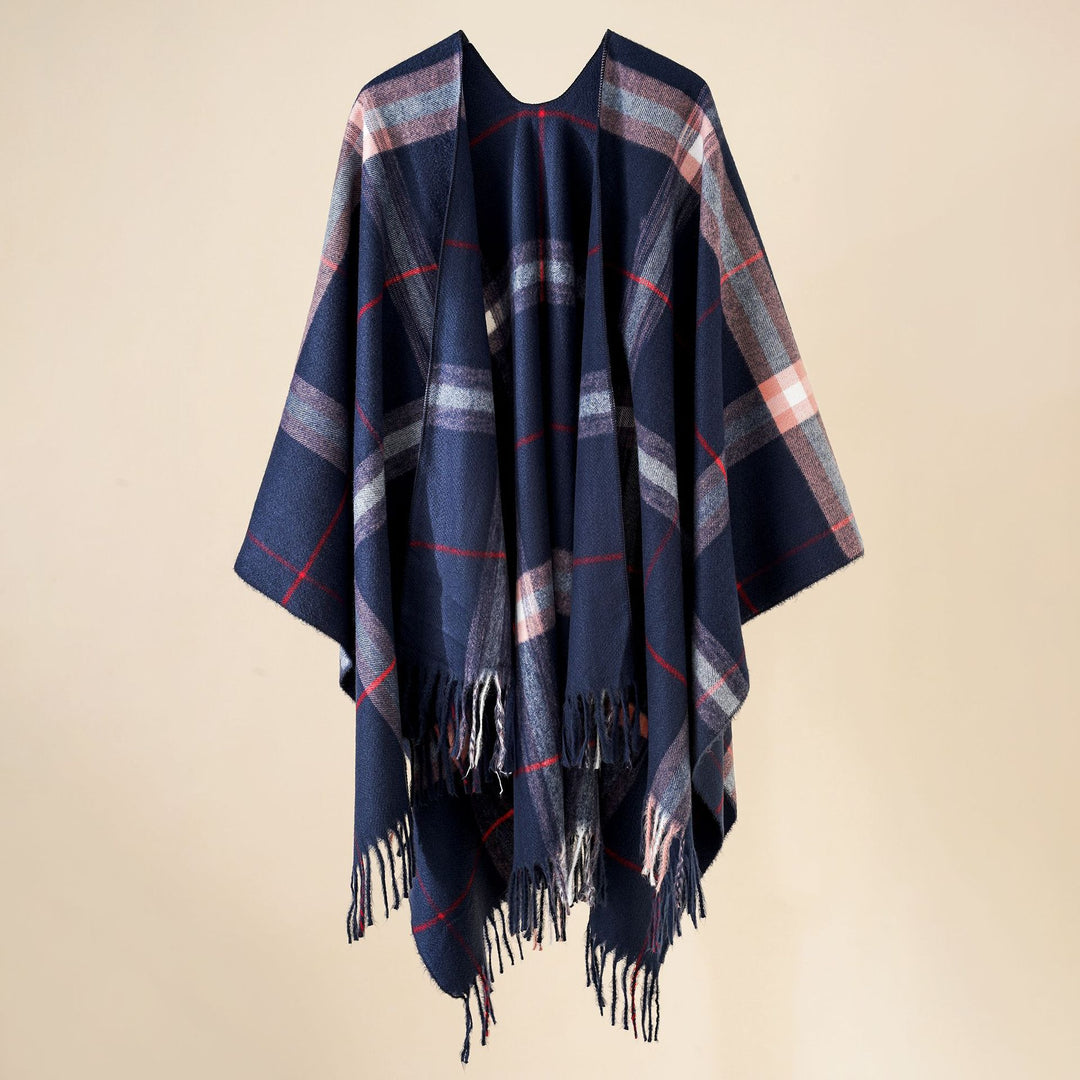 Damen Weit geschnittener Karierter Poncho mit Fransen und V‑Ausschnitt Shop Nory