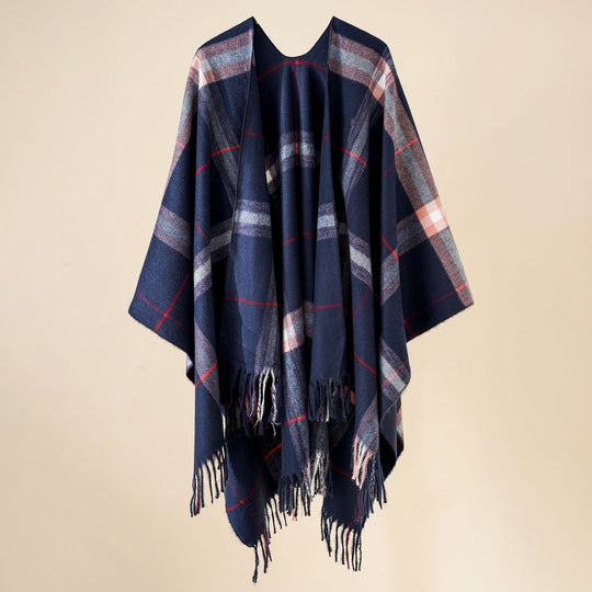 Damen Weit geschnittener Karierter Poncho mit Fransen und V‑Ausschnitt Shop Nory