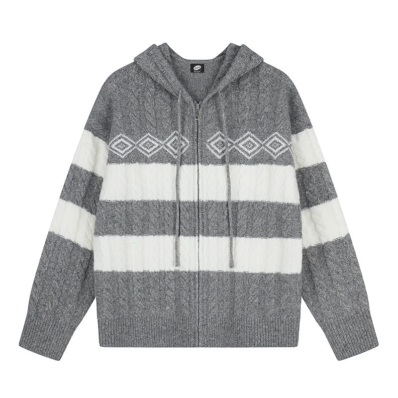 Damen Grobstrick-Kapuzencardigan mit Zopfstrick, Blockstreifen und durchgehendem Reißverschluss Shop Nory