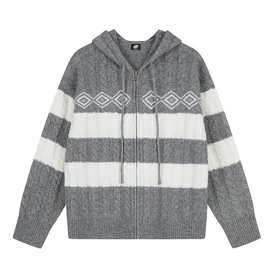 Damen Grobstrick-Kapuzencardigan mit Zopfstrick, Blockstreifen und durchgehendem Reißverschluss Shop Nory
