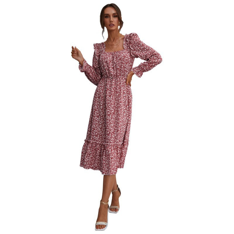 Damen Romantisches Midikleid mit quadratischem Ausschnitt, geraffter Taillenpassform und Stufenvolant Shop Nory