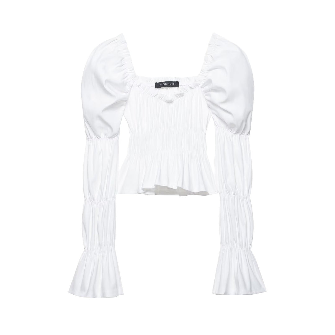 Damen Gerafftes Carmen-Crop-Top mit Puffärmeln, smockierter Taille und Stufenärmeln Shop Nory