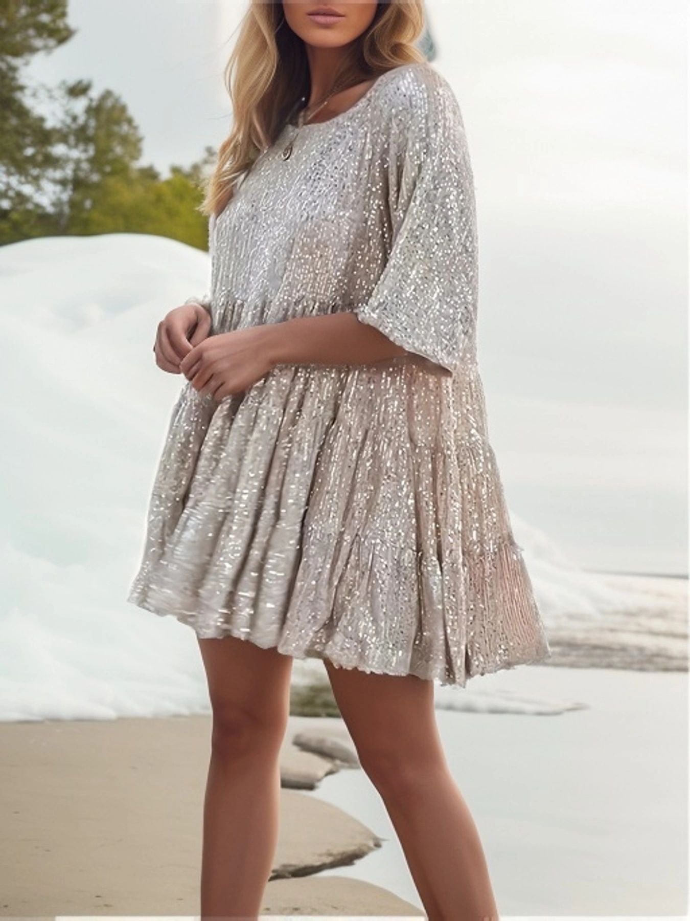 Damen funkelndes Mini-Kleid mit Pailletten und weitem Schnitt