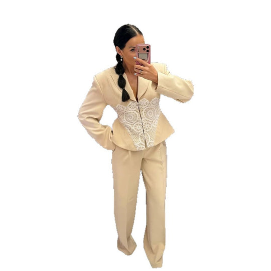Damen Zweiteiliges Anzugset mit tailliertem Blazer, Spitzen‑Corsage und weiter Palazzohose Shop Nory