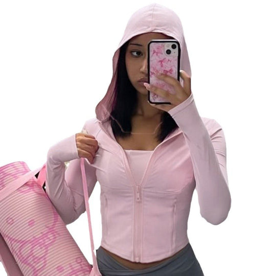 Damen nan kurzes Ripp-Kapuzenhoodie mit halbem Reißverschluss, langen Ärmeln und Daumenloch Shop Nory