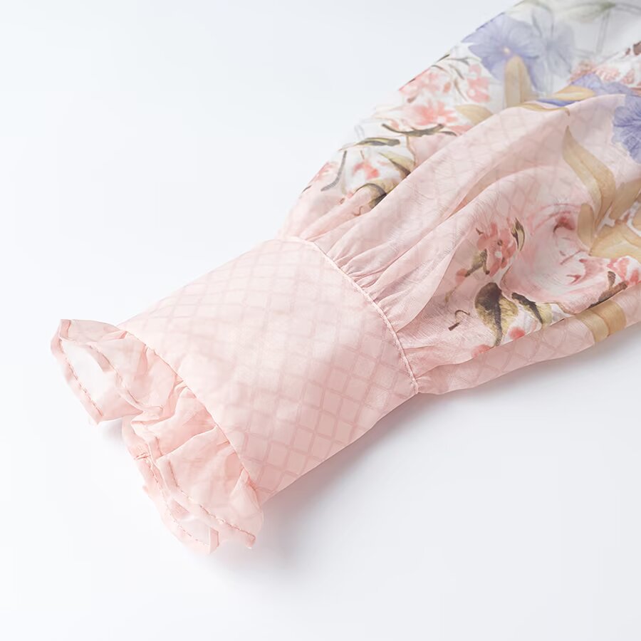 Damen Maxikleid aus Chiffon mit floralem Print, Stehkragen und Puffärmeln Shop Nory