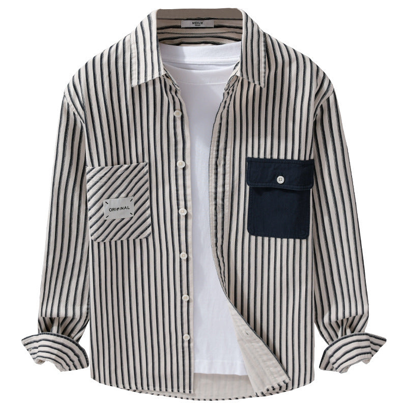 Herren Gestreiftes Overshirt mit Kontrast-Brusttaschen und Kentkragen aus Baumwollmix Shop Nory