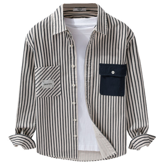 Herren Gestreiftes Overshirt mit Kontrast-Brusttaschen und Kentkragen aus Baumwollmix Shop Nory