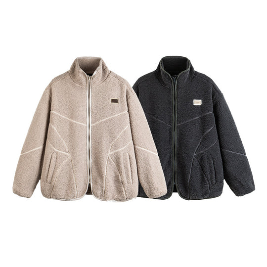 Unisex Teddy-Fleece-Blousonjacke mit Stehkragen und geometrischer Nahtführung Shop Nory