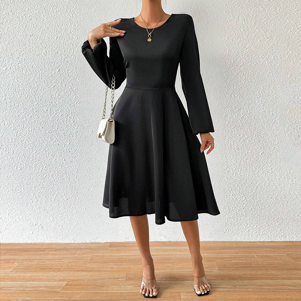 Damen elegantes Midikleid mit taillierter Korsagenoptik ausgestelltem A-Linien-Rock und langen ausgestellten Ärmeln Shop Nory
