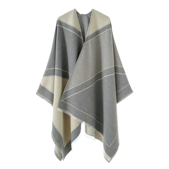 Damen Wendbarer Strickcape-Poncho mit Fransen und kontrastierenden Streifen Shop Nory