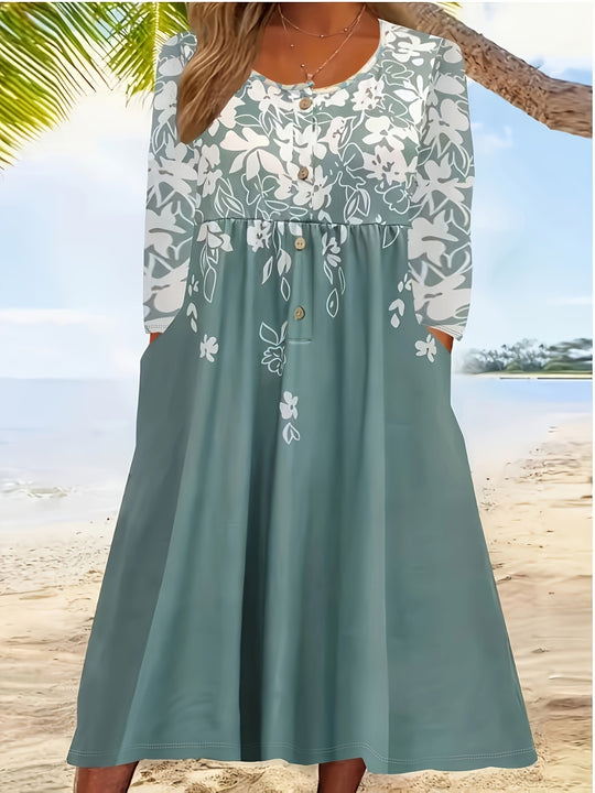 Damen Maxikleid mit V-Ausschnitt, Blumenprint, Knopfleiste und Eingrifftaschen Shop Nory