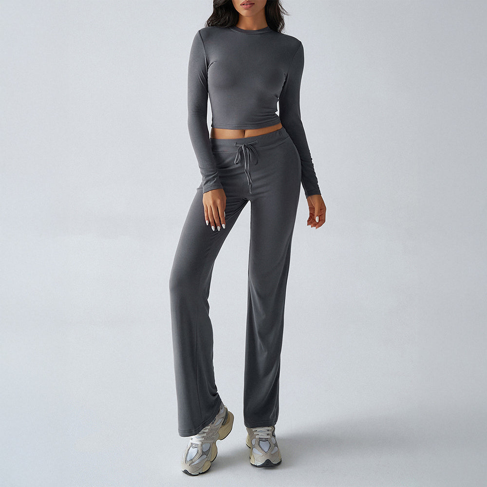 Damen nan tailliertes Longsleeve-Crop-Top und weite Lounge-Hose im Zweiteiler-Set aus Stretchjersey Shop Nory