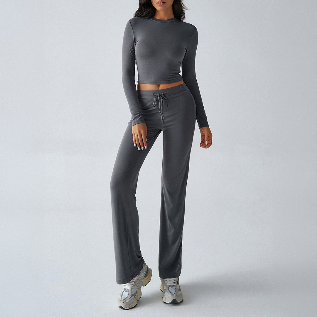 Damen nan tailliertes Longsleeve-Crop-Top und weite Lounge-Hose im Zweiteiler-Set aus Stretchjersey Shop Nory