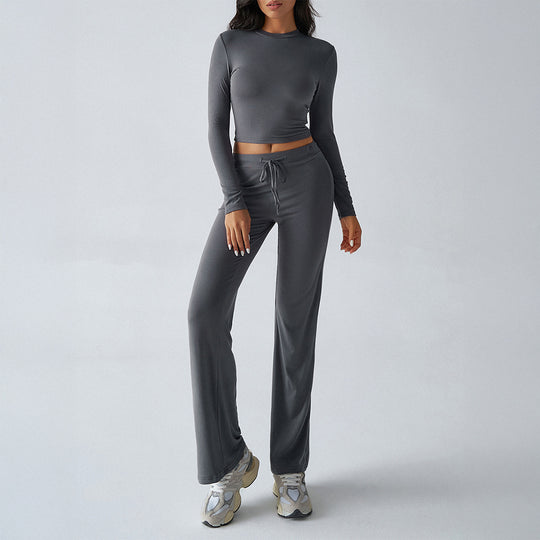 Damen nan tailliertes Longsleeve-Crop-Top und weite Lounge-Hose im Zweiteiler-Set aus Stretchjersey Shop Nory