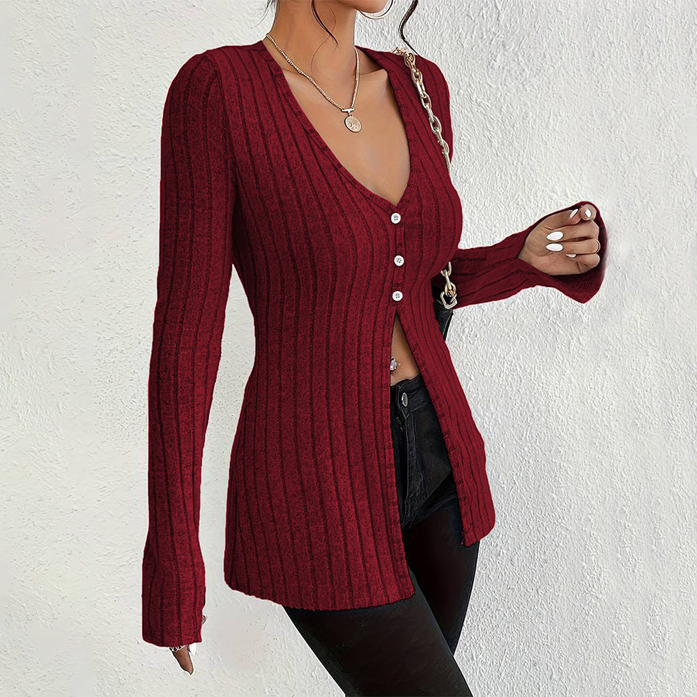 Damen gerippter V-Ausschnitt-Cardigan mit Knopfleiste taillierter Longline-Silhouette Shop Nory