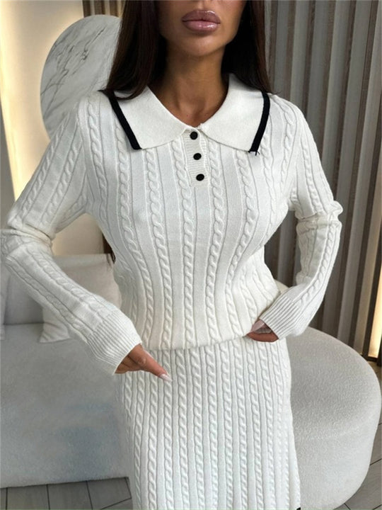 Damen Zweiteiliges Zopfstrick-Kleid mit Taillenbund und Polokragen Shop Nory