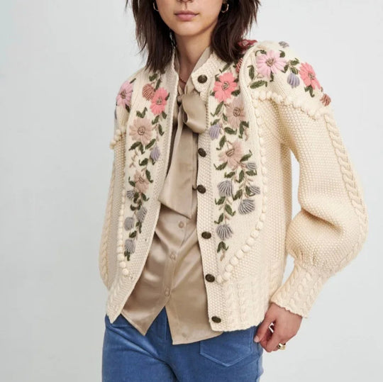Damen Eleganter Strickpullover mit floralen Stickereien