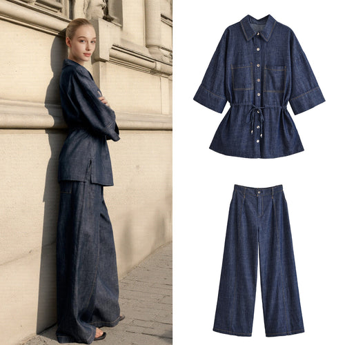 Damen Weite High-Waist Denim-Hose mit Bügelfalte und weitem Bein Shop Nory