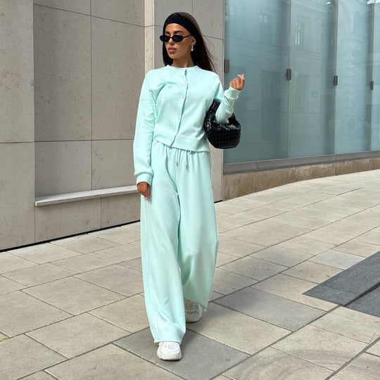 Damen Zweiteiliges Loungewear-Set mit verdeckter Druckknopf-Cardigan und weiten High-Waist Jogpants Shop Nory