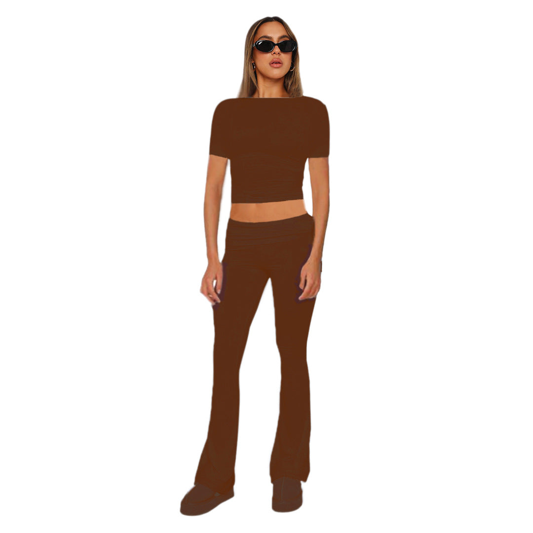 Figurbetonendes Damen-Crop-Set aus Stretch-Jersey mit hoch taillierten, ausgestellt Hosen Shop Nory