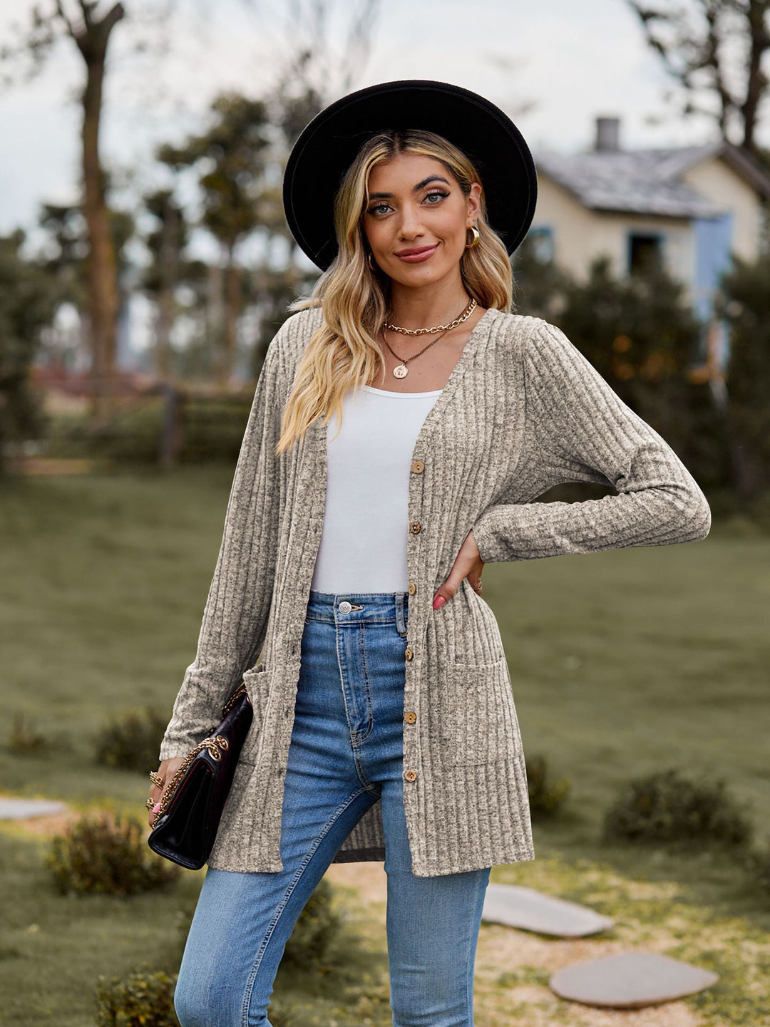 Damen Lang geschnittene Rippstrick‑Cardigan mit Knopfleiste und Eingrifftaschen Shop Nory