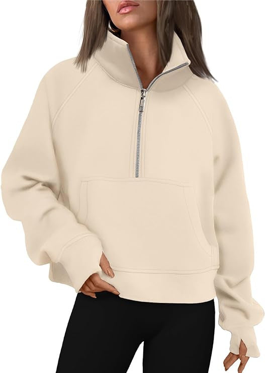 Damen nan verkürztes Oversize-Fleece-Sweat mit halbem Reißverschluss, Stehkragen, Kängurutasche und Daumenlochbündchen Shop Nory