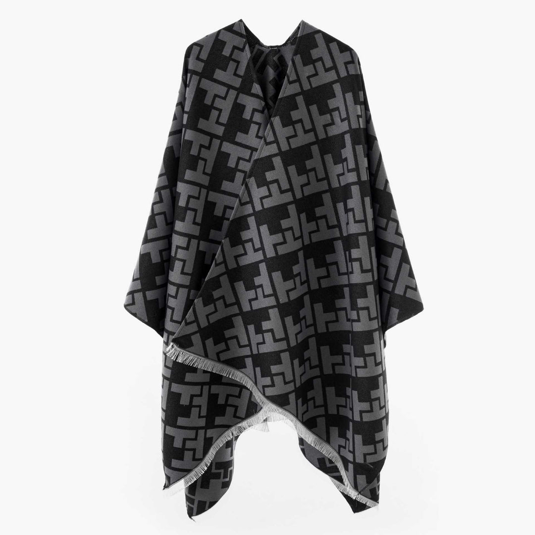 Damen Oversize-Cape mit geometrischem Jacquard und Fransensaum Shop Nory