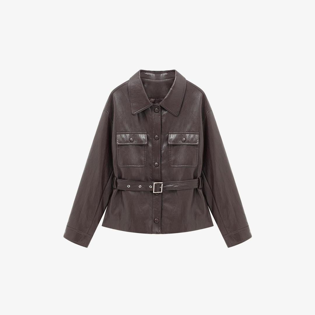 Damen Lederjacke im Oversize-Utility-Stil mit Taillengürtel Shop Nory