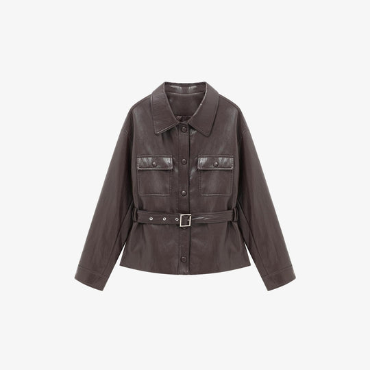 Damen Lederjacke im Oversize-Utility-Stil mit Taillengürtel Shop Nory