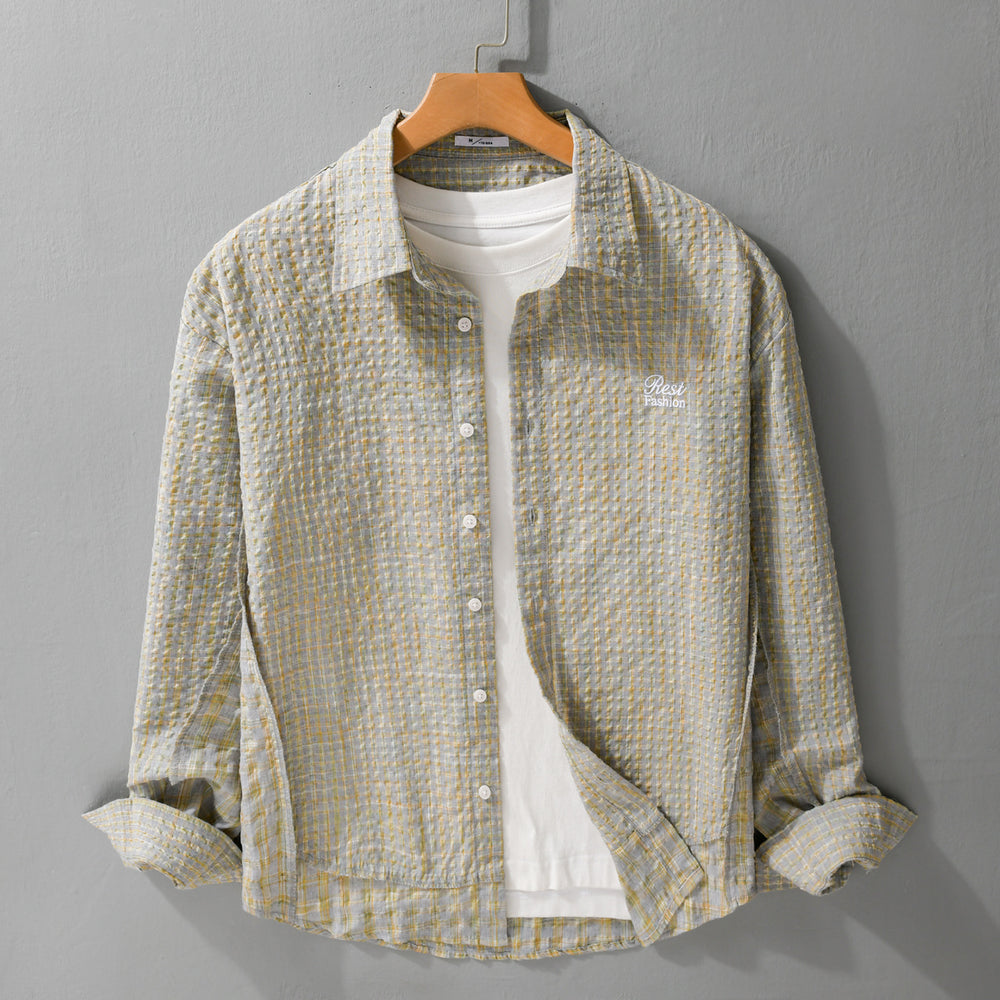 Damen Relaxed-Fit Crinkle-Hemdjacke mit feiner Gingham‑Webstruktur und dezenter Bruststickerei Shop Nory