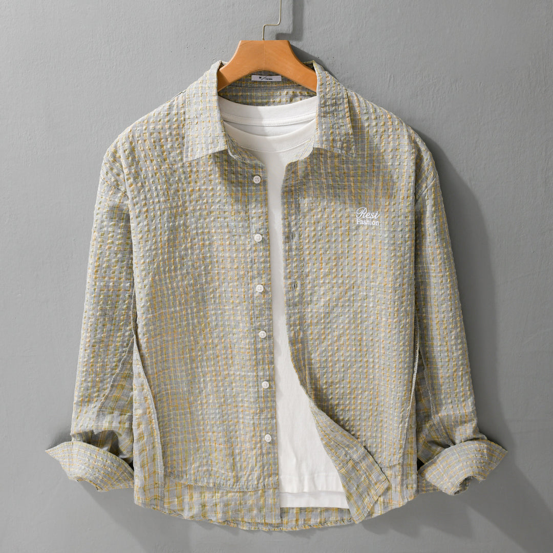 Damen Relaxed-Fit Crinkle-Hemdjacke mit feiner Gingham‑Webstruktur und dezenter Bruststickerei Shop Nory