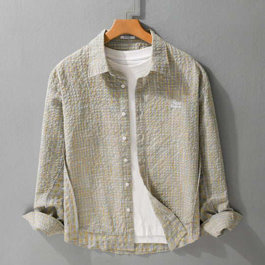 Damen Relaxed-Fit Crinkle-Hemdjacke mit feiner Gingham‑Webstruktur und dezenter Bruststickerei Shop Nory