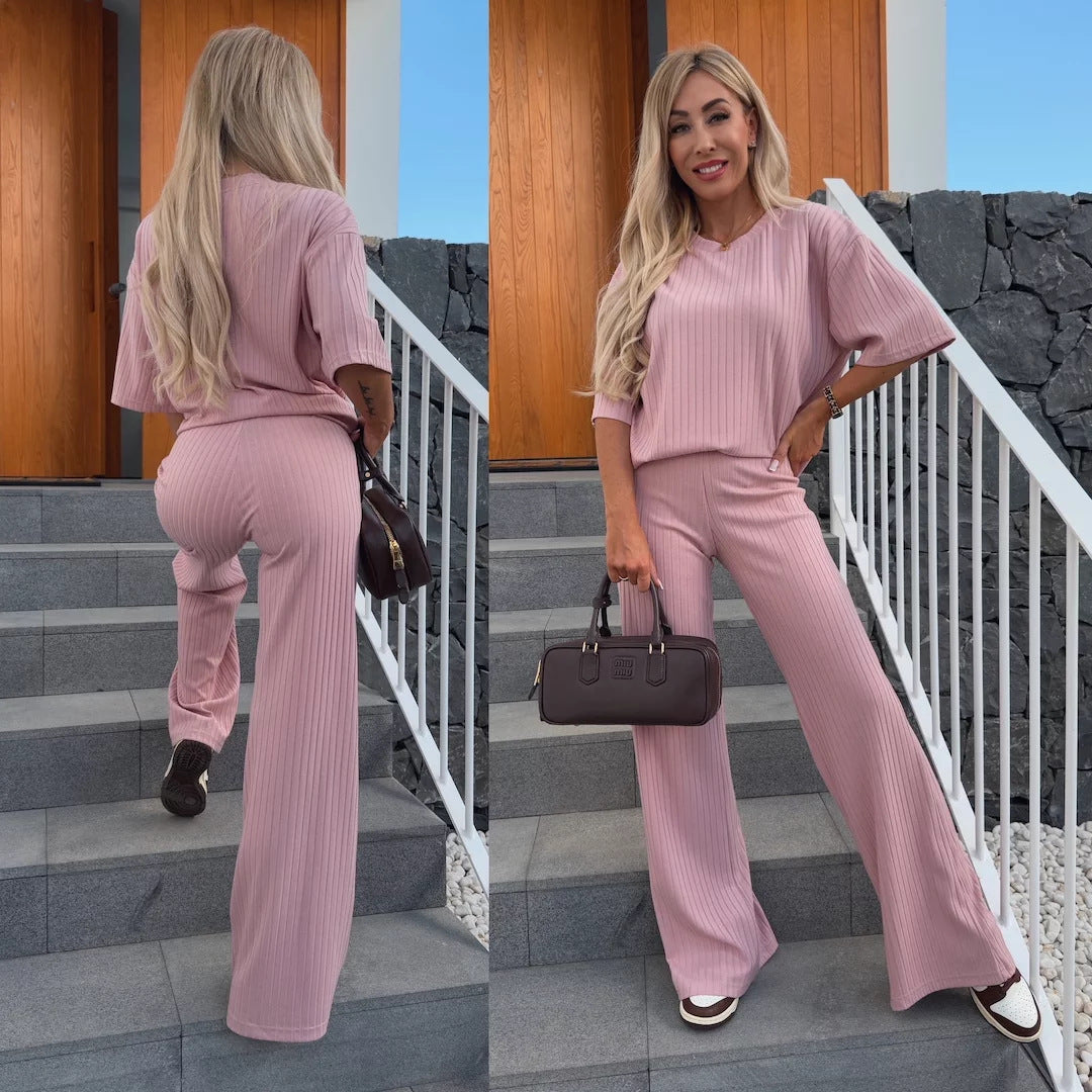 Damen Feines Rippstrick‑Zweiteiler mit Relaxed‑Crewneck und ausgestellter Palazzo‑Hose Shop Nory