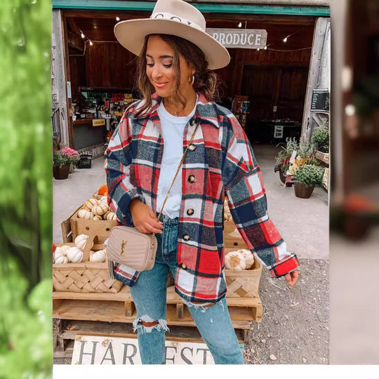 Damen Oversized Kariertes Flanell‑Shacket mit Brusttaschen und Holzknöpfen Shop Nory