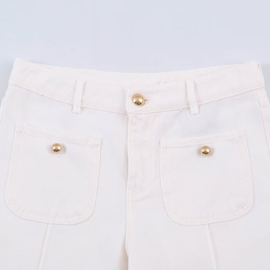 Damen weite Jeanshose mit hoher Taille, Bügelfalte und aufgesetzten Taschen Shop Nory