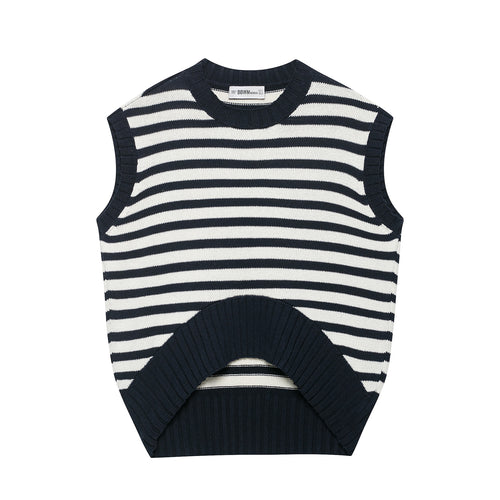Damen Gestreifte Strickweste mit Rundhalsausschnitt und breitem Rippenbund Shop Nory