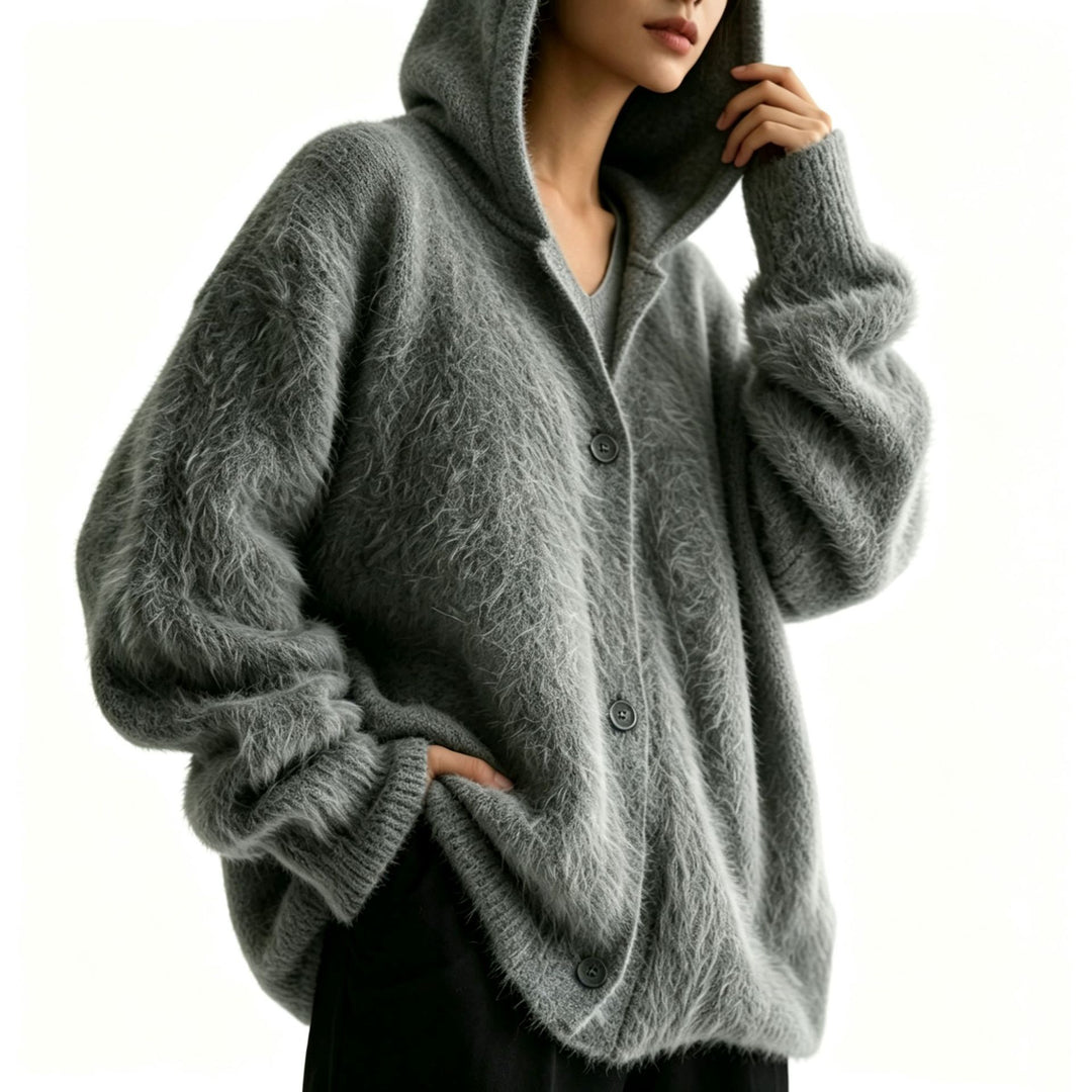 Damen Flauschiger Kapuzen-Cardigan im Mohair-Look mit Knopfleiste Shop Nory