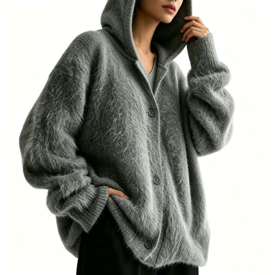 Damen Flauschiger Kapuzen-Cardigan im Mohair-Look mit Knopfleiste Shop Nory