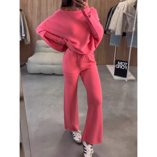 Damen Strick-Loungewear-Set mit Oversize-Schulter, weitem Bein und Kordelzug Shop Nory