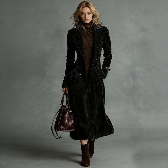 Damen Langer Taillierter Trenchcoat aus Veloursleder‑Optik mit doppelreihiger Knopfleiste und Schnallenmanschetten Shop Nory