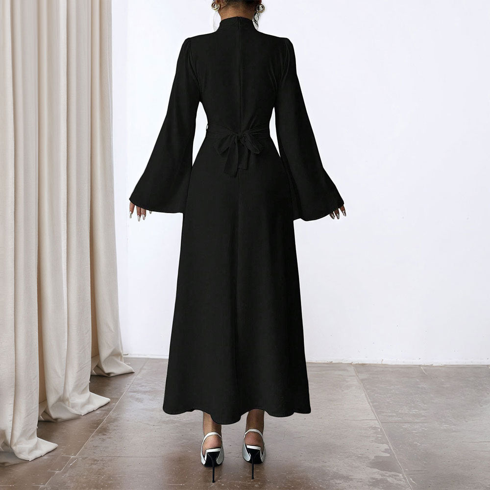 Damen elegantes Maxikleid mit Stehkragen, geraffter Taillenpartie und ausgestelltem A‑Linien‑Rock Shop Nory