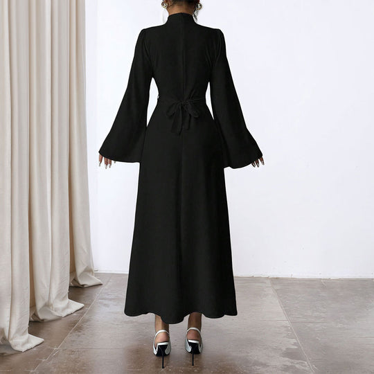 Damen elegantes Maxikleid mit Stehkragen, geraffter Taillenpartie und ausgestelltem A‑Linien‑Rock Shop Nory