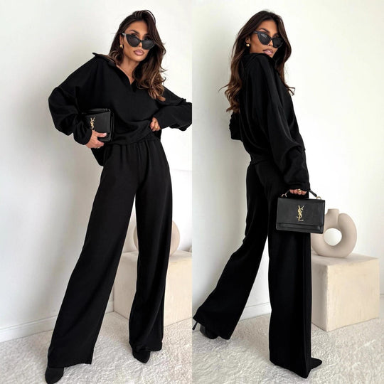Damen Loungewear-Zweiteiler mit Hemdkragen-Cropped-Sweatshirt und weiter Palazzo-Hose Shop Nory