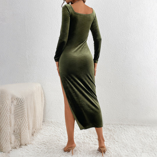 Damen figurbetontes Samt-Maxikleid mit langen Ärmeln, taillierter Silhouette und hohem Beinschlitz Shop Nory