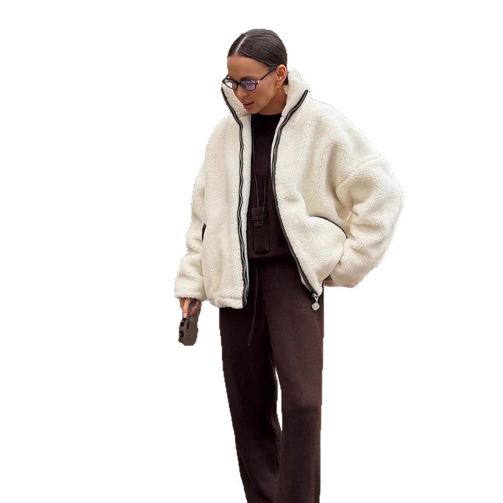 Damen Teddy-Fleece Oversize-Jacke mit hohem Stehkragen, kontrastierter Reißverschlussleiste und Eingrifftaschen Shop Nory