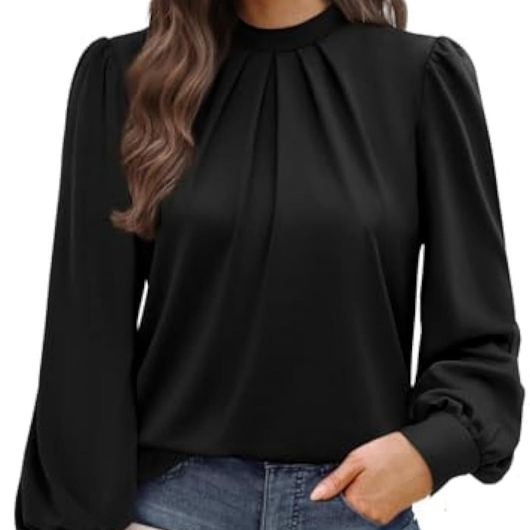 Damen Langärmelige Satinbluse mit Stehkragen, Brustfalten und gerippten Bündchen Shop Nory