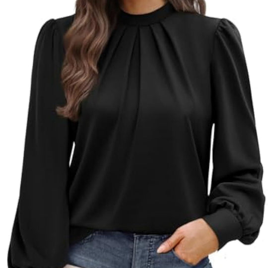 Damen Langärmelige Satinbluse mit Stehkragen, Brustfalten und gerippten Bündchen Shop Nory
