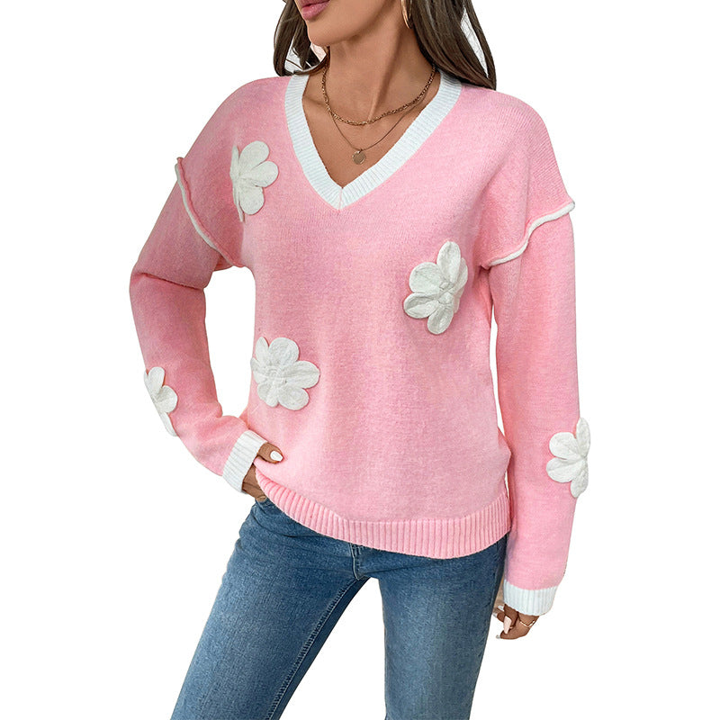 Damen V-Ausschnitt Feinstrickpullover mit dreidimensionalen Blütenapplikationen Shop Nory
