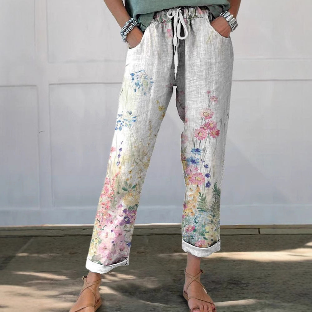 Damen Leinenoptik-Hose mit floralem Print, weitem Bein und Tunnelzug Shop Nory